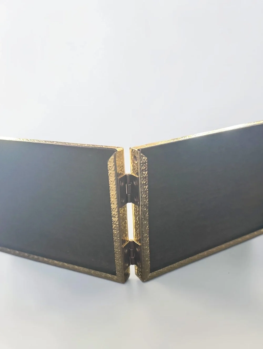 Vintage Hinged Double Picture Frame Gold Tone Ornate Folding Tabletop 3x5 Photos